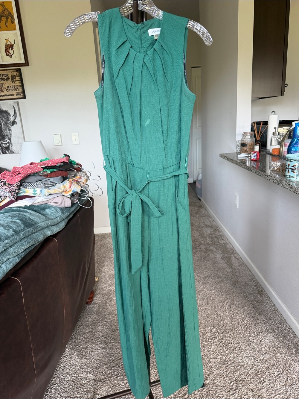 Teal-Green Sleeveless Tie-Waist Jumpsuit